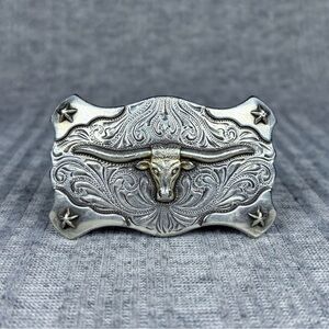 Vintage Longhorn Steer Bull Belt Buckle Western Cowboy Stars Cowgirl Silver